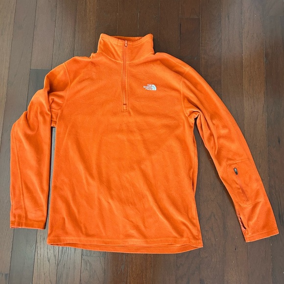 The North Face Sz M Orange Fleece Pullover Quarter Zip Sleeve Pocket Finger Hole - Picture 8 of 9